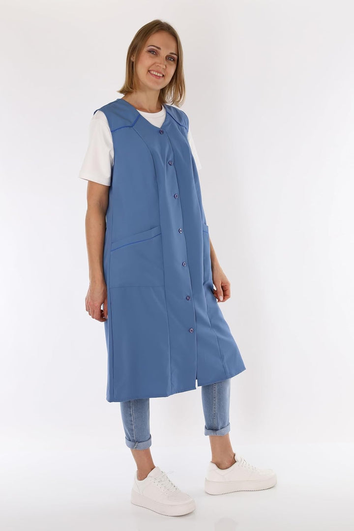 Damenkittel ohne Arm Kochschürze Kittel Schürze Knopfkittel einfarbig Hauskleid 44 Blau, 44 Blau