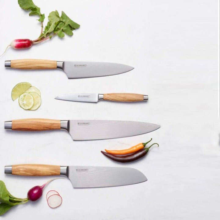 Le Creuset Santoku Messer, 13 cm 18/8 Damaststahlklinge mit glattem Schliff, Olivenholzgriff, Rostfr