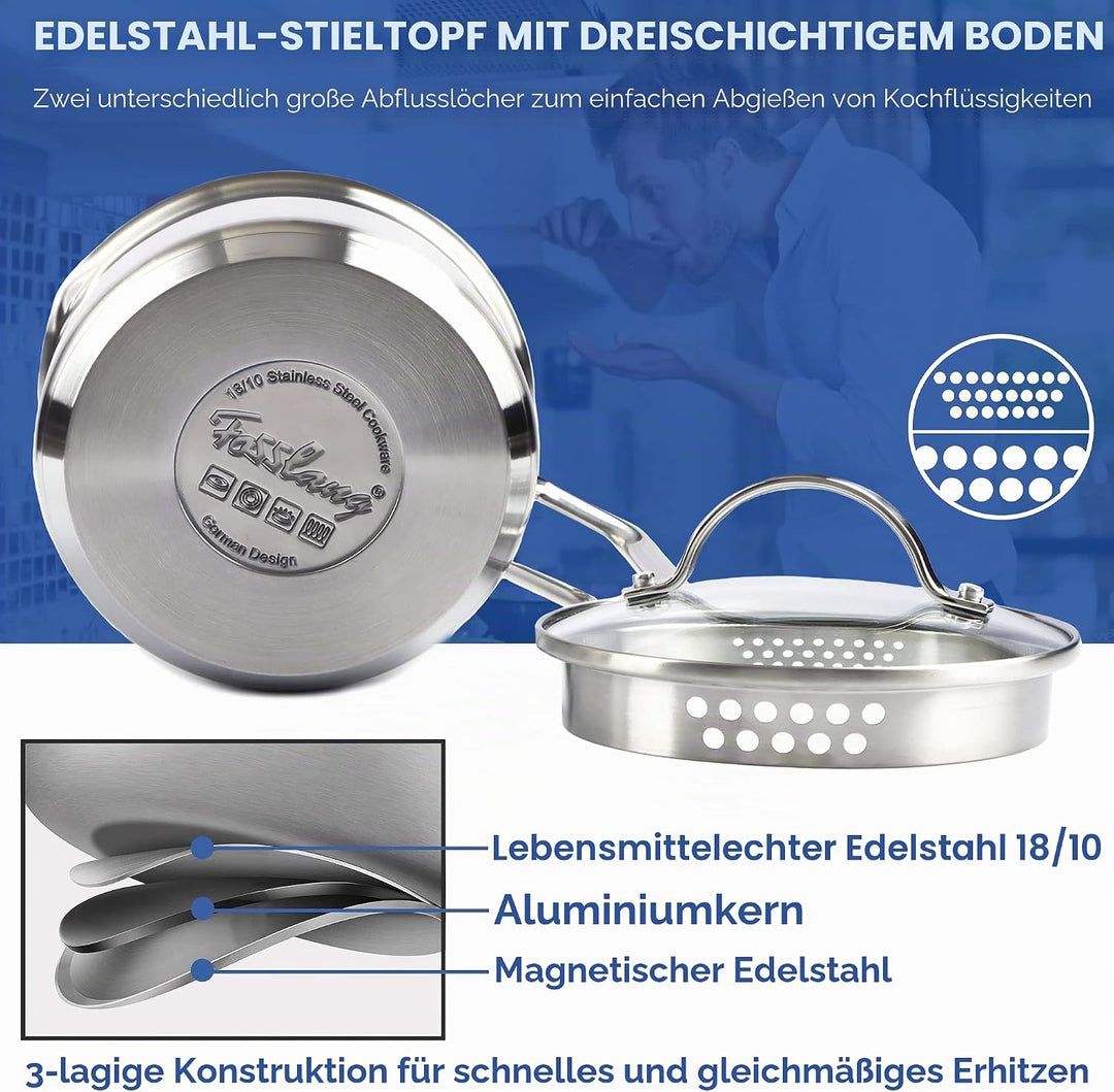 Edelstahl-Kochtopf mit Glasdeckel, Mehrzweck-Saucenpfanne mit Siebdeckel und Ausgiesser zum Kochen v