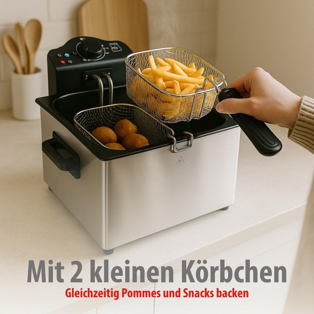 alpina Friteuse 5 Liter - Friteuse mit Fett - Friteuse Öl 200W - Zwei Frittierkörbe - Einstellbare T