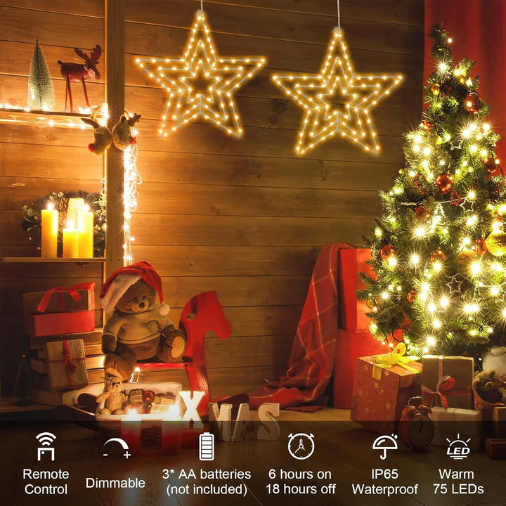 Bigzom LED Sterne Fenster Weihnachtsdeko 75 LED, Drehbar Weihnachtsbeleuchtung Batteriebetriebene mi