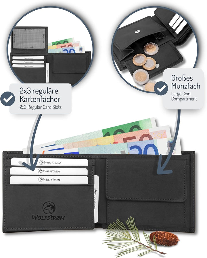 Wolfstrøm Geldbörse Herren Leder 'Nørge' – Tri-Fold Herren-Portemonnaie RFID-Blocker – 6 Karten-Fach