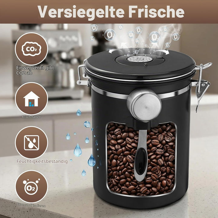 Kaffeedose Edelstahl, 2,8 L Kaffeebohnen Behälter aus Edelstahl, Luftdicht Vorratsdose mit Deckel, E