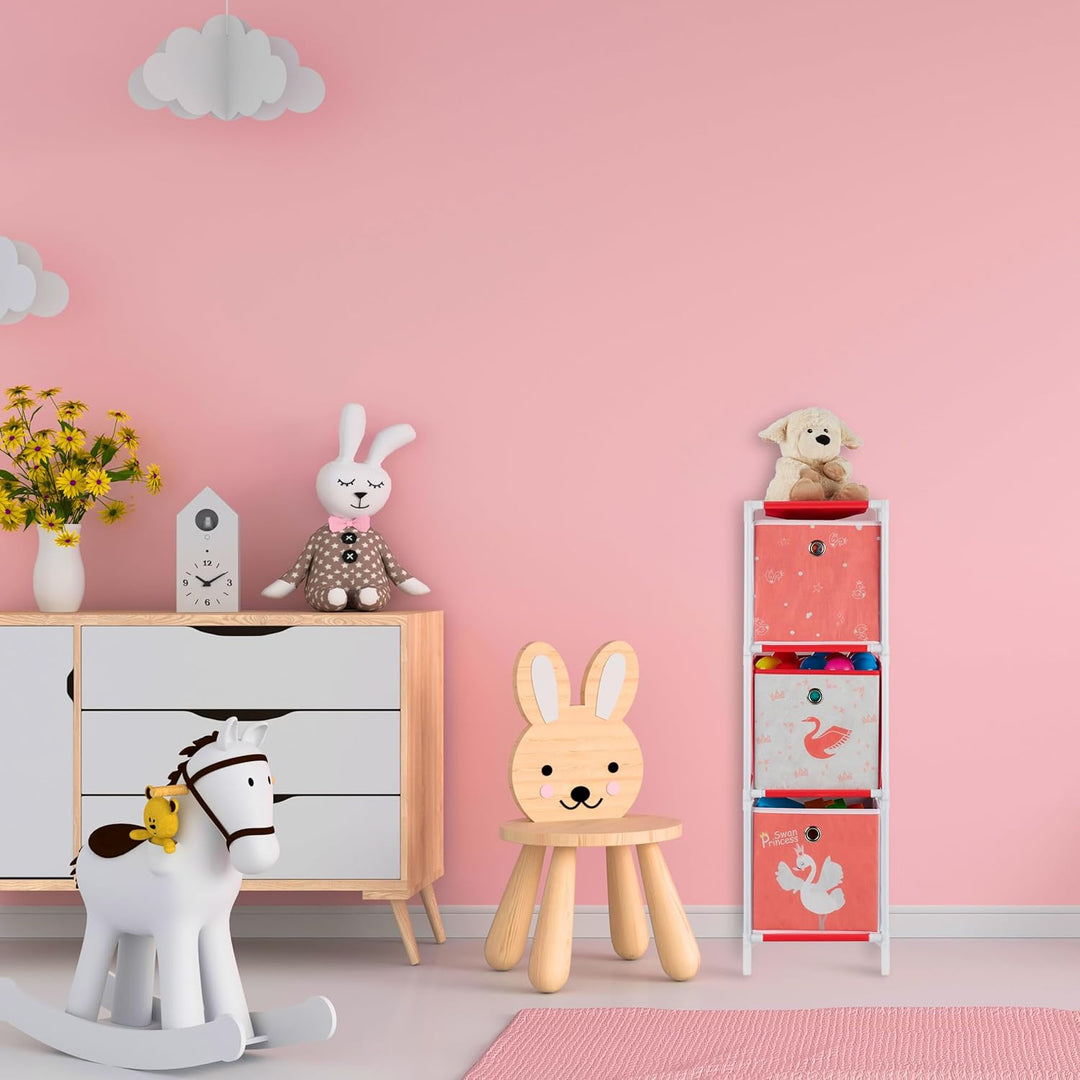 Relaxdays Kinderregal mit 4 Boxen, Spielzeug, Mädchen, Schwan-Design, Regal Kinderzimmer, HBT: 62 x