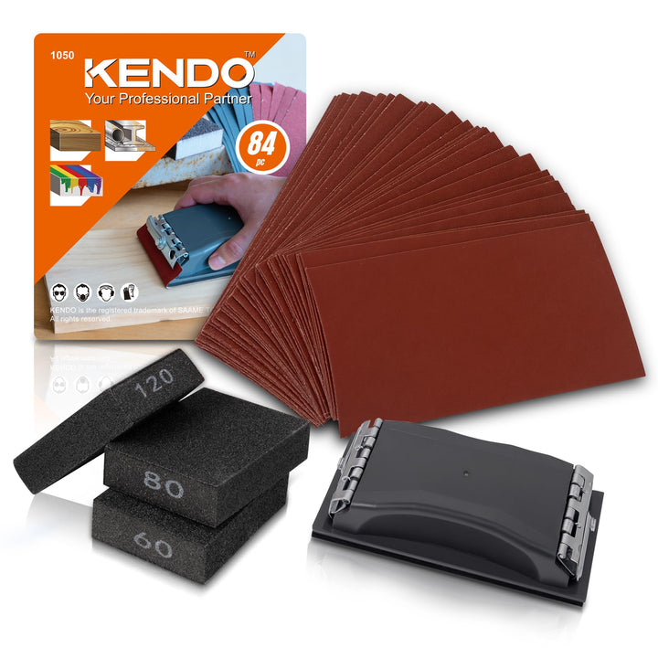 KENDO Schleifpapier Set 84-teilig, 93x230mm inkl. 1 x Handschleifklotz &amp; 3 x Schleifschwämme. Körnun