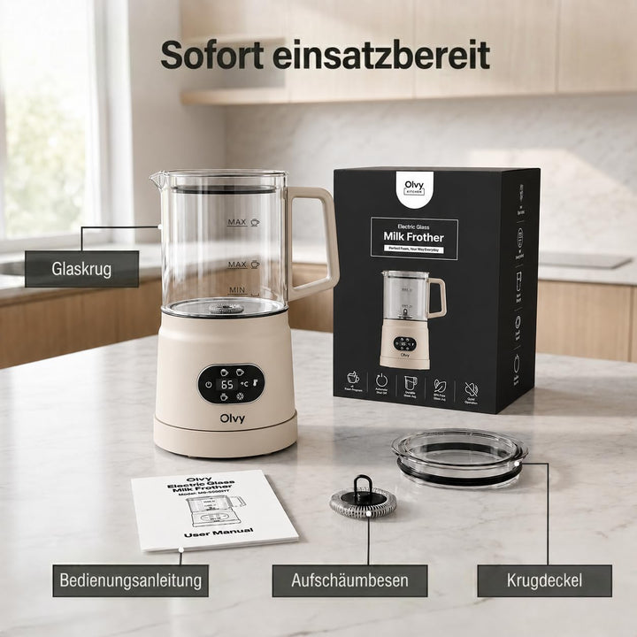 Olvy Milchaufschäumer Elektrisch | Milchschaumgerät für Barista Qualität | 1 Stück | Beige | Für Cap