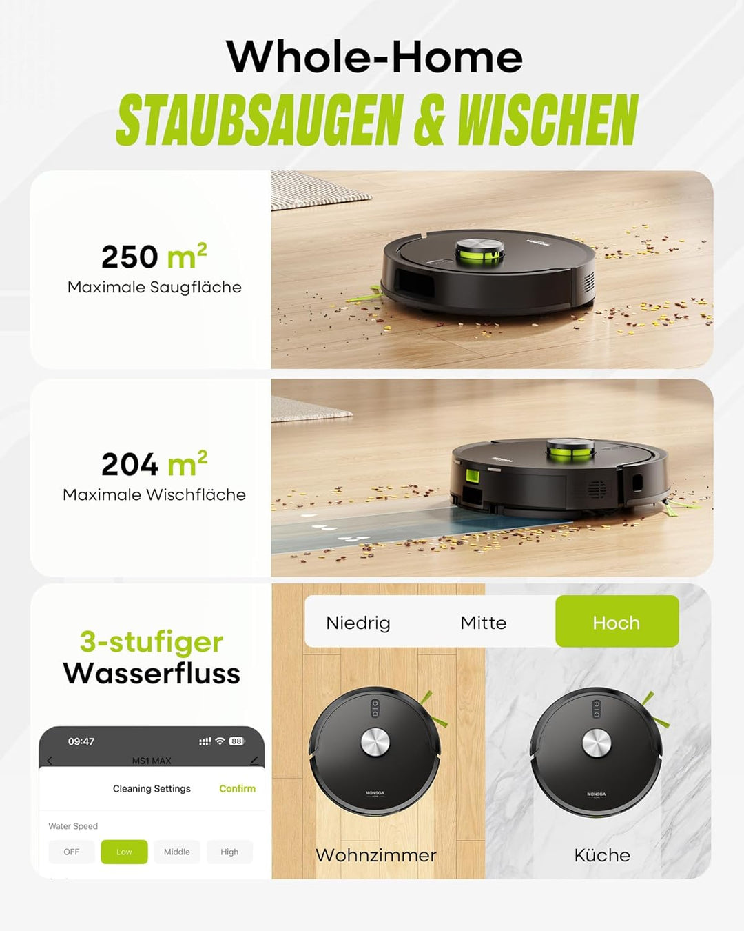 MONSGA Saugroboter mit Wischfunktion 8000PA, Staubsauger Roboter mit Absaugstation 4L, LiDAR Navigat