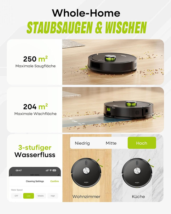 MONSGA Saugroboter mit Wischfunktion 8000PA, Staubsauger Roboter mit Absaugstation 4L, LiDAR Navigat