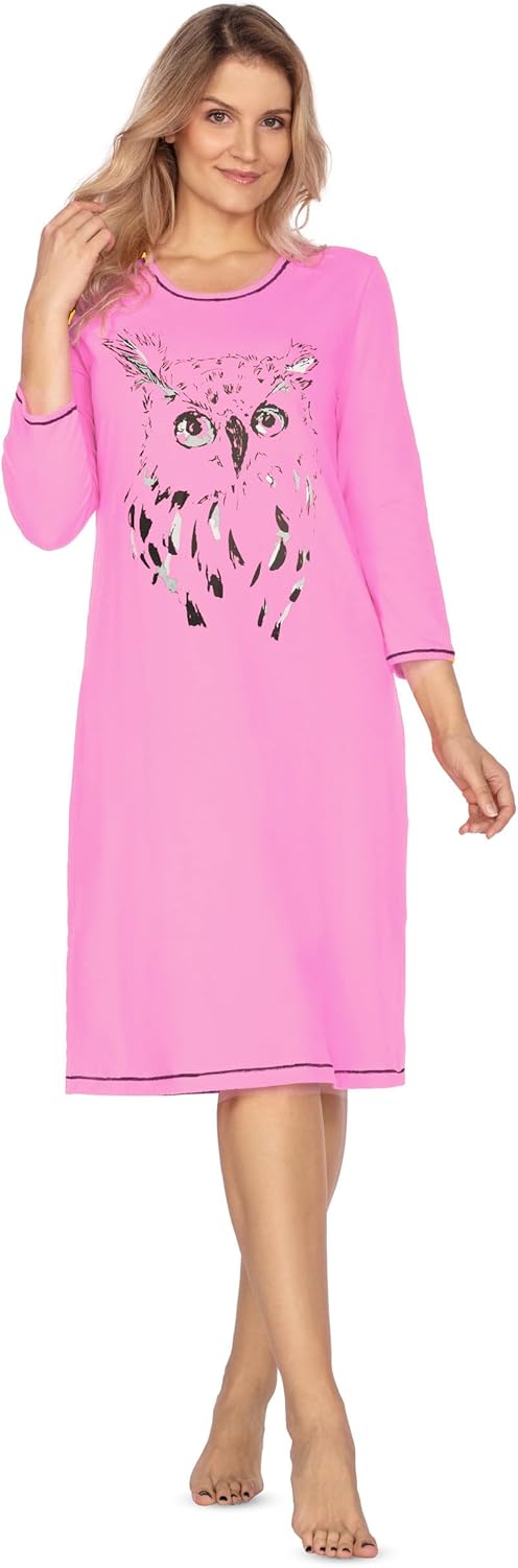 e.Femme® Damen Nachthemd Jenny 1113 aus 93% Baumwolle und 7% Elasthan, mit Eule Rosa 36, Rosa 36