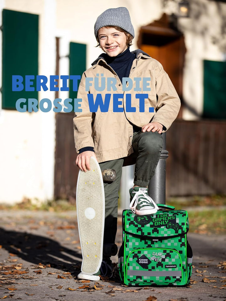 Familando Jungen Schulranzen 1. Klasse · Playworld Gaming Pixel Schultasche · ergonomisch & leicht ·