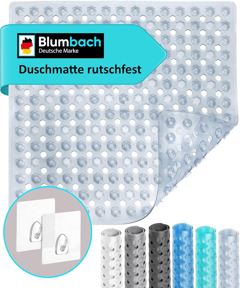 Blumbach® Duschmatte rutschfest 53x53cm - 100% BPA-frei - Inkl. 2 Haken zum Aufhängen - griffige Ant