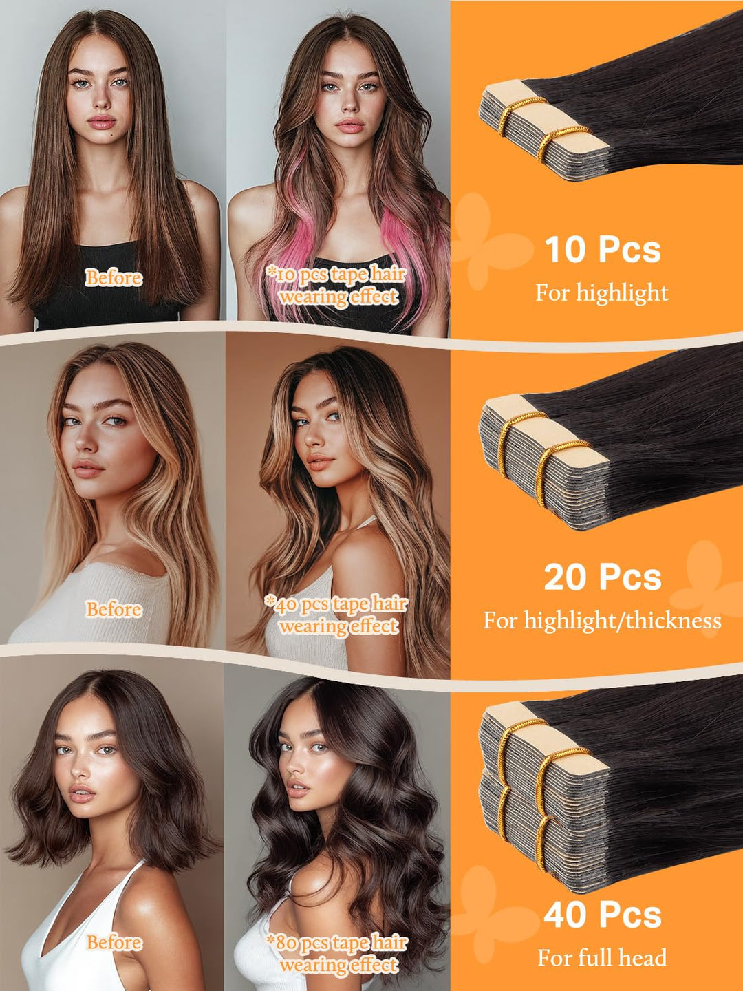 DOORES Tape Extensions Echthaar, Dunkel Braun bis Chestnut Braun und Dirty Blonde Highlights 50cm (2