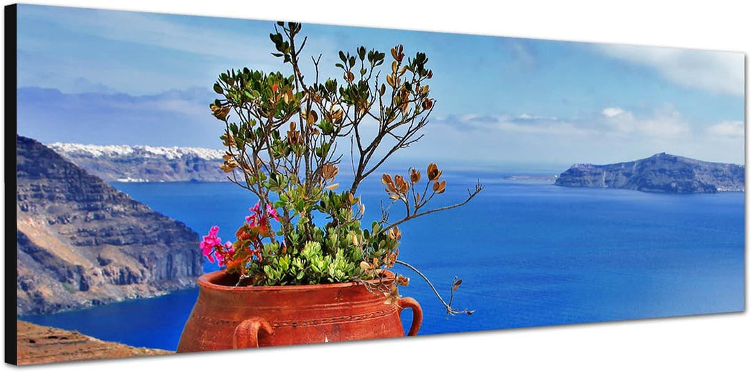 Paul Sinus Art Panoramabild auf Leinwand und Keilrahmen 150x50cm Santorini Blumentopf Blumen Meerbli