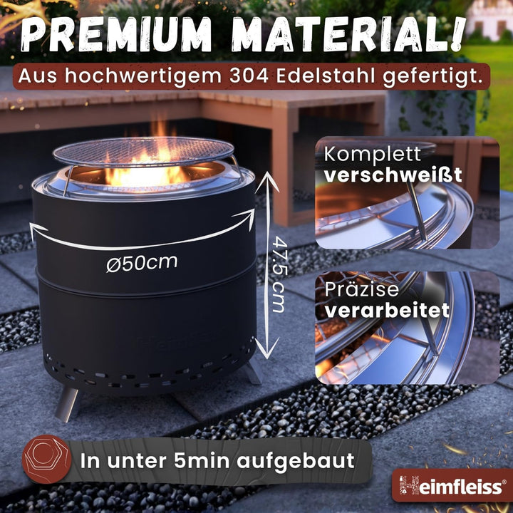 Heimfleiss® Rauchfreie Feuerschale Edelstahl Ø50cm | Feuerkorb mit Grillrost | Feuerschale Rauchfrei