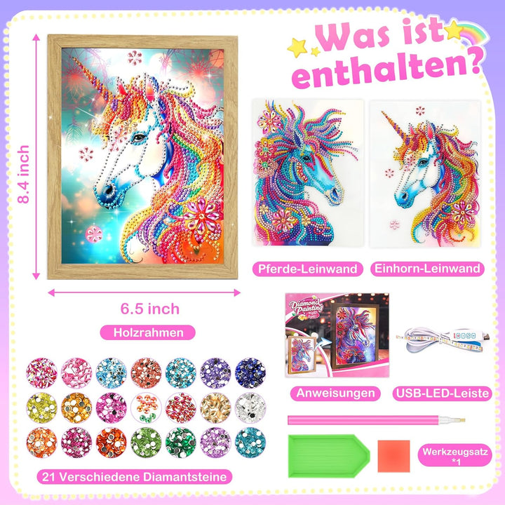 Geschenke Mädchen 5 6 7 8 9 10 11 Jahre Diamond Painting Kinder Einhorn Nachtlicht Bilderrahmen, Bas