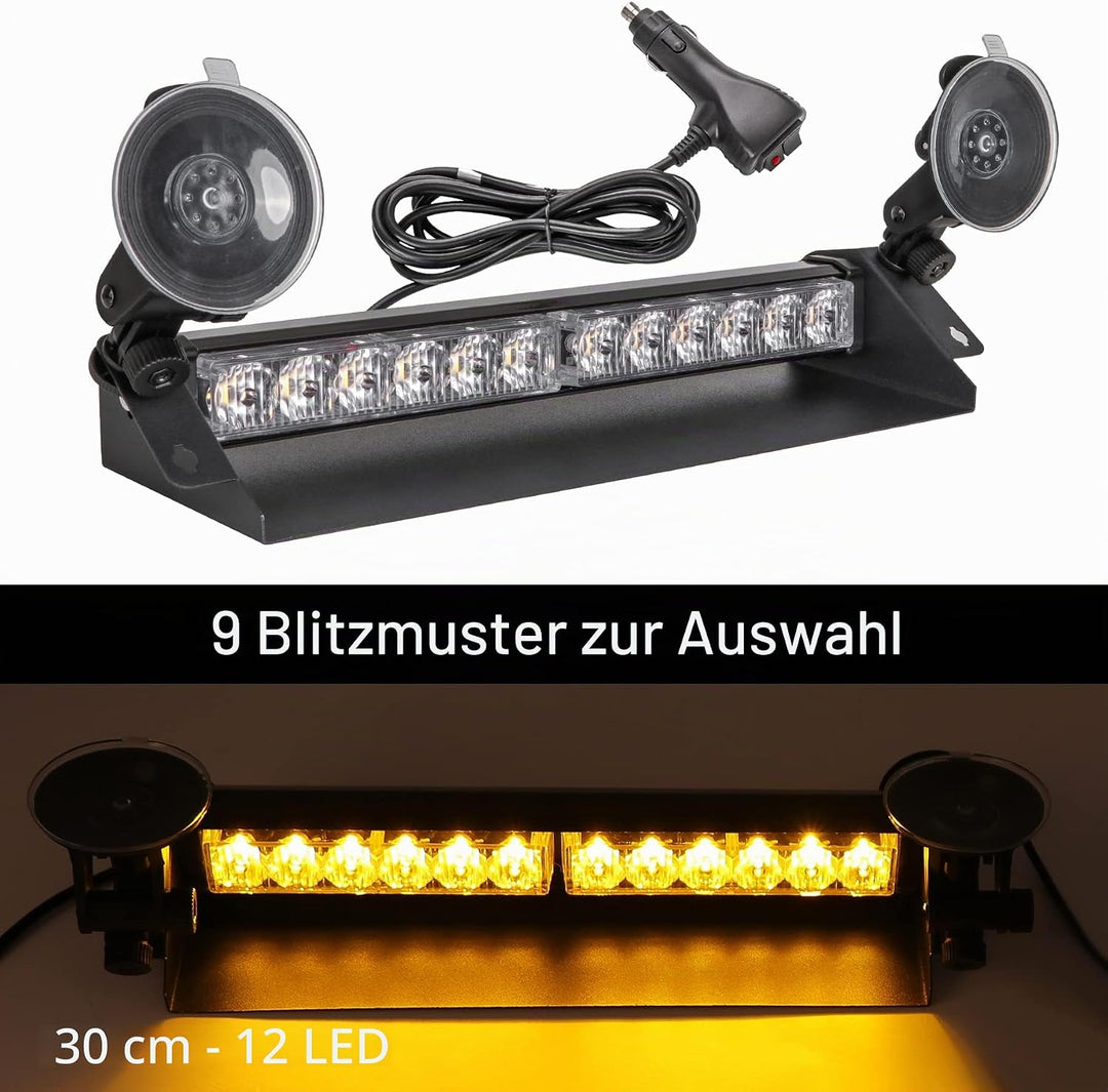 ROUTEKING Frontblitzer Warnleuchte 12 LED - 35.6cm 9 Blinkmodi Blitzleuchte, 2 Saugnäpfe Hohe Intens