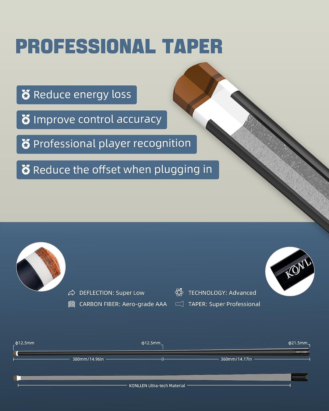 KONLLEN Karbonfaser-Pool-Queue, 147,3 cm, professionelle Poolsticks für Erwachsene, Vollcarbon-Techn