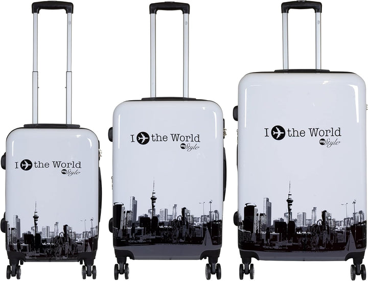 Trendyshop365 Hartschalen Koffer-Set 3-teilig mit Motiv Bedruckt - Fly The World Weiss - 4 Rollen Fl
