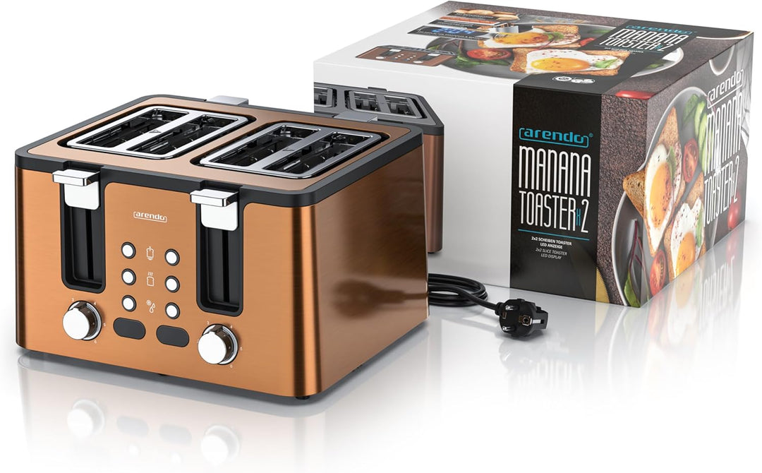 Arendo - Toaster 4 Scheiben Edelstahl - mit Brötchenaufsatz - LED Anzeige Restzeitanzeige – Doppelwa