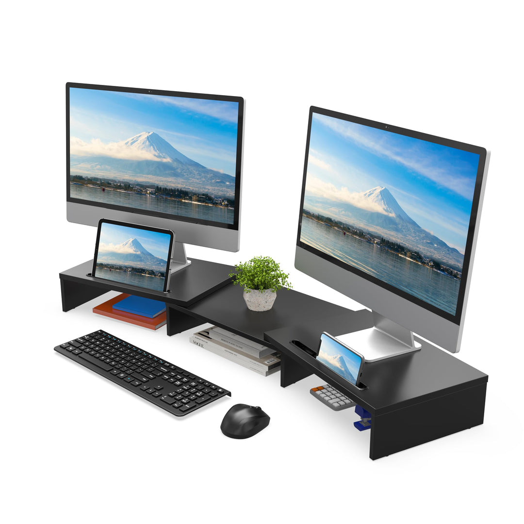 FITUEYES Dual Monitorständer Holz Drehbar Längenverstellbar mit Halteschlitz für Smartphones Tablet