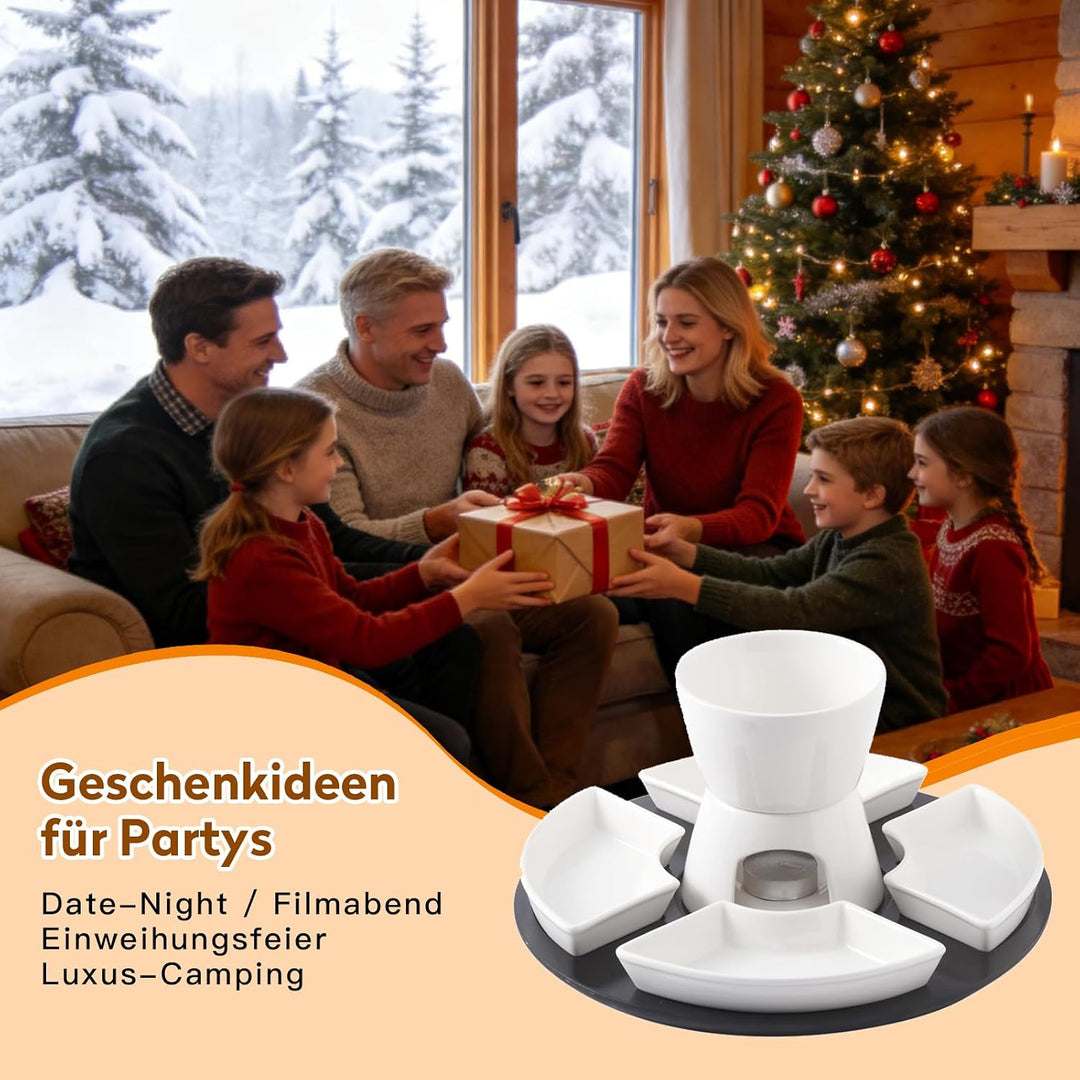 Keramik Fondue-Set mit 4 Schälchen &amp; Gabeln | Weisser Porzellan Käse- &amp; Schokoladen-Schmelztopf | 30