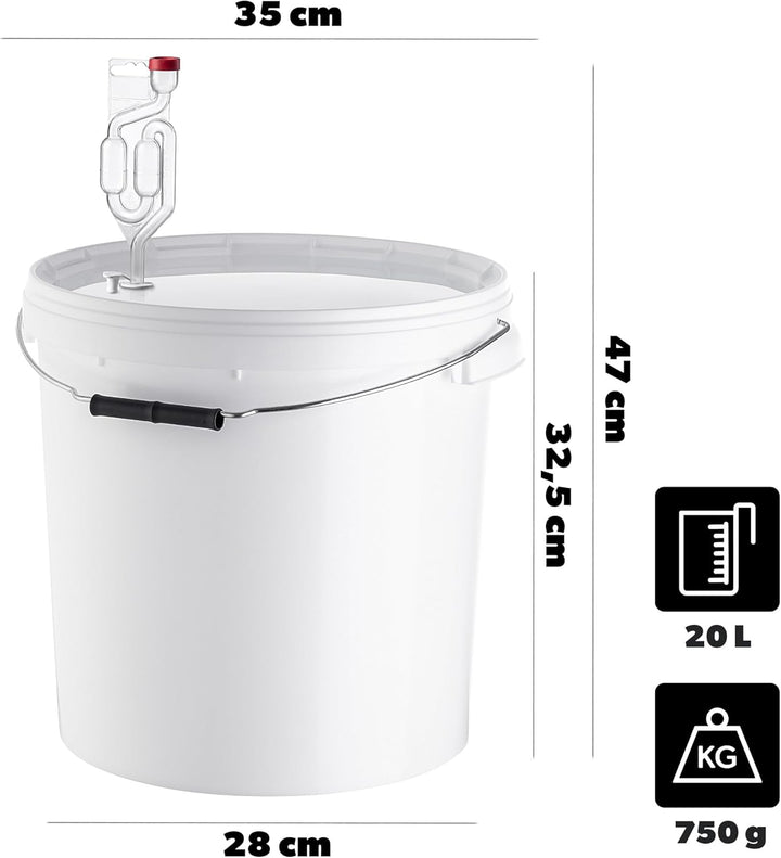KADAX Gäreimer 20L Set mit Gärröhrchen & Gummistopfen, Gärbehälter aus Kunststoff mit Gärspund & Sto