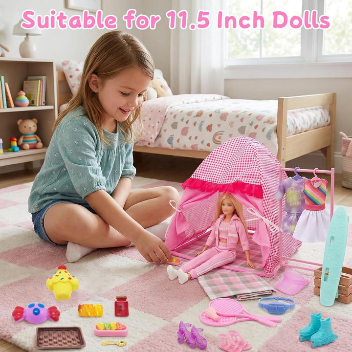 25 Kleidung Camping Sets Kompatibel mit Barbie, 1 Zelt 2 Oberteil Hosen1 Rock 1 Picknickdecke 3 Schu