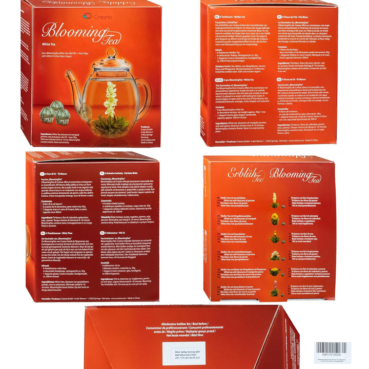 Creano Teeblumen Geschenkset - Erblühtee Frühjahrslese mit 500ml Glaskanne & 6x Weisser Tee - 7 teil