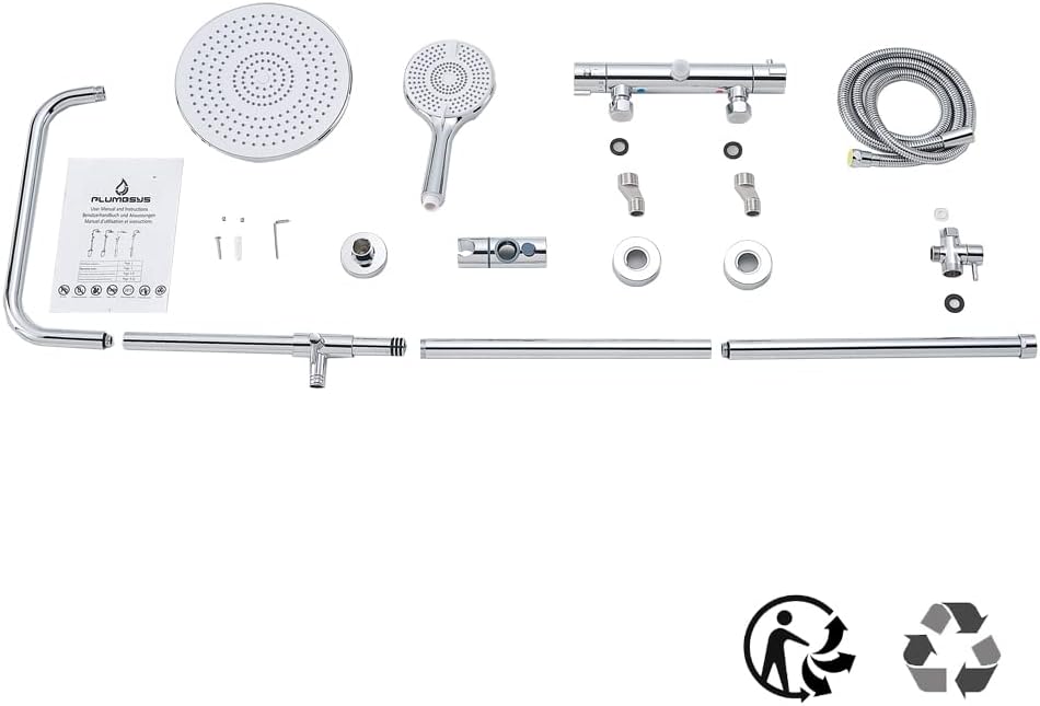 Plumbsys Duschsystem mit Thermostat,9.5” Runde Regendusche mit Thermostat armatur, Handbrause mit 3