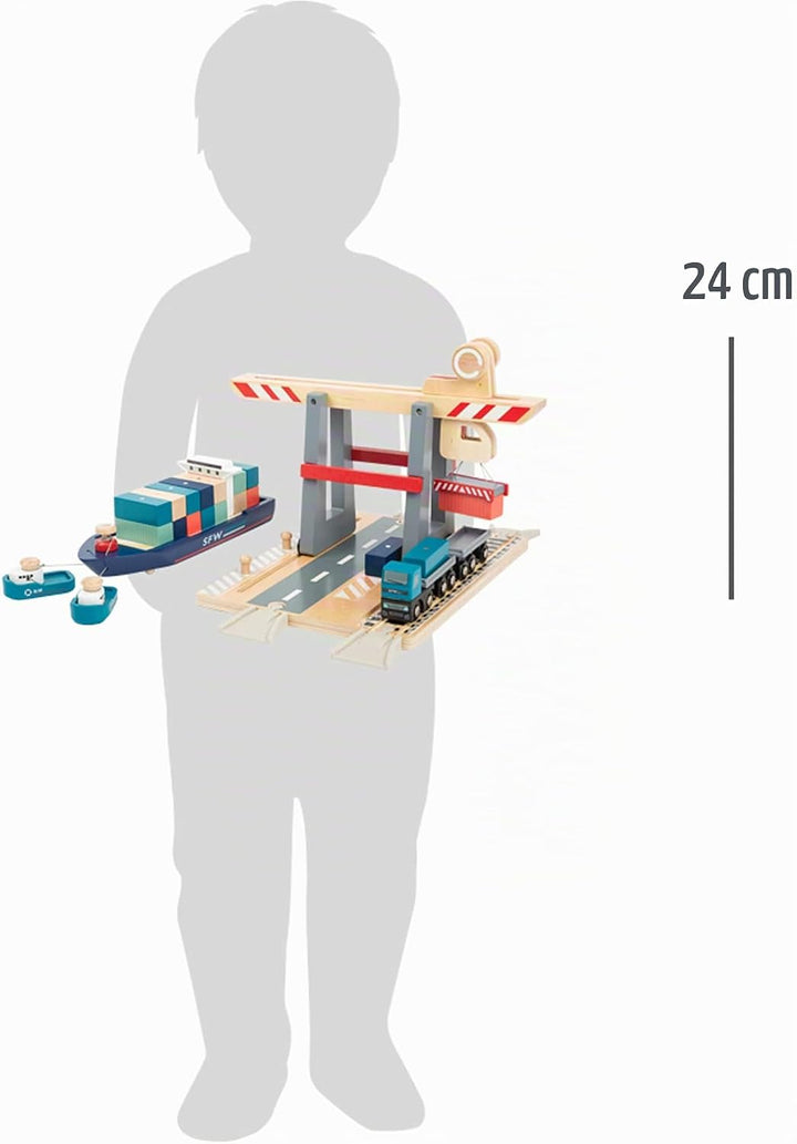 small foot Containerterminal aus Holz, mit beweglicher Containerbrücke, Schiff und Zubehör, ab 3 Jah