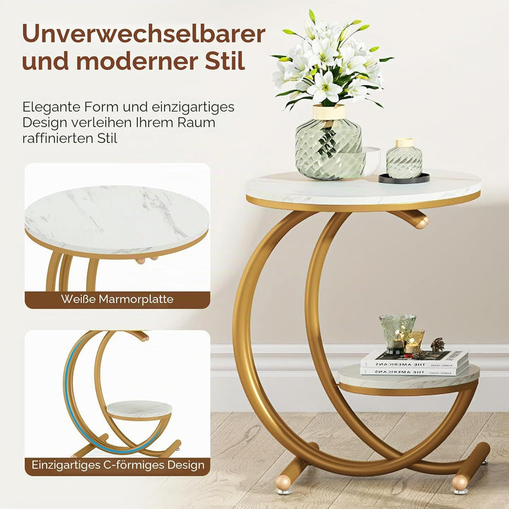 Tribesigns Beistelltisch aus Kunstmarmor, moderner 2-stöckiger runder Couchtisch mit C-förmigem Rahm