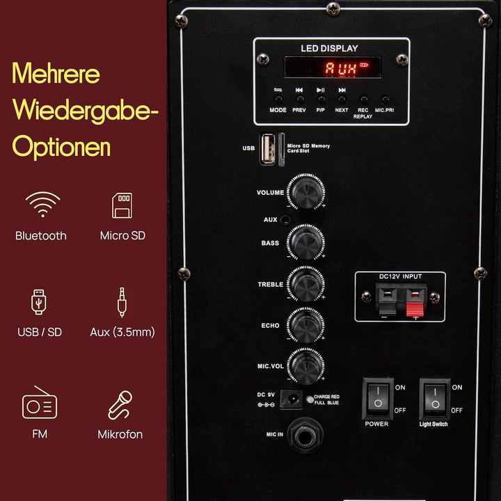 Pyle Musikbox Bluetooth Gross, 800W Party Lautsprecher mit DJ- Lichtern, Teleskopgriff & Rollen, FM,