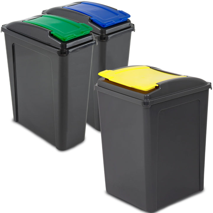 1x 50 Liter + 2x 25 Liter Mülltonne Schwarz-Gelb-Blau-Grün, Mülleimer Küche, Mülleimer 3 Fächer, Mül
