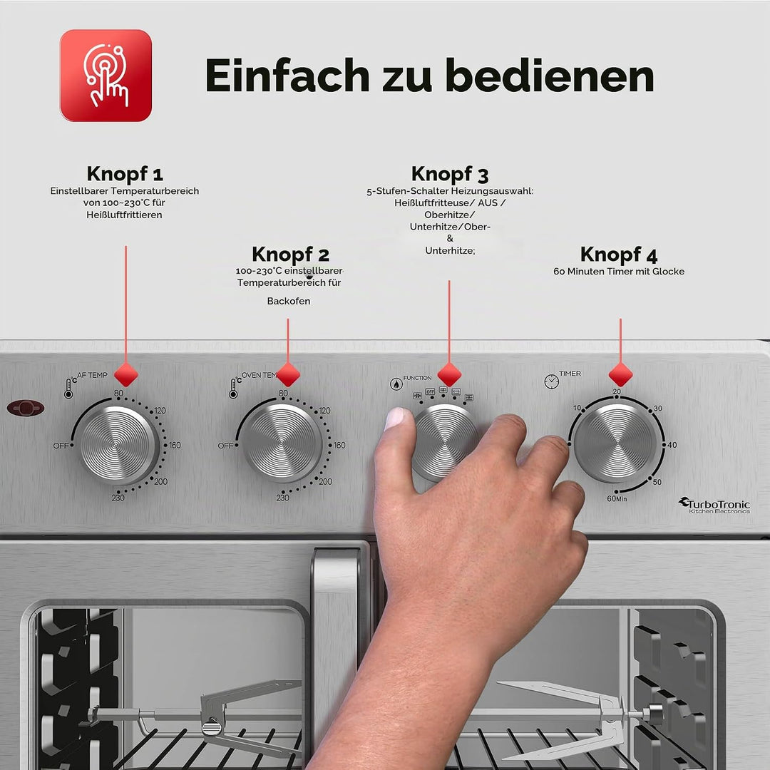 TurboTronic digitaler Heissluftofen - XXL 32 Liter mit Drehspiess für Hähnchen 4in1 Mini Backofen &amp;