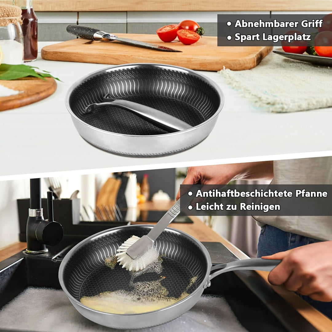 W&H Bratpfanne, 28 cm Edelstahl Pfanne mit Wabenstruktur,Antihaftbeschichtung, Abnehmbarer Griff, Ge
