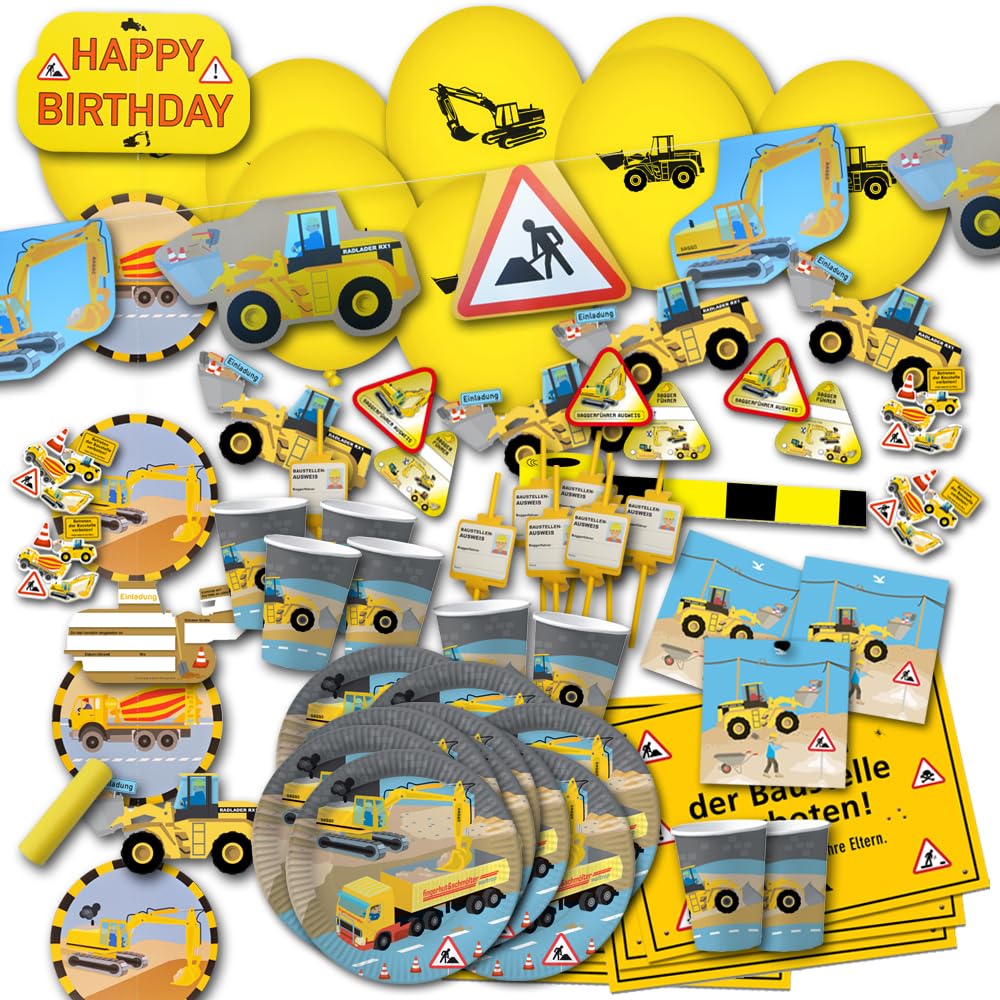 Kindergeburtstag Baustelle Partyset XXL - Partydeko & Partygeschirr im Sparset, Kindergeburtstag Bau
