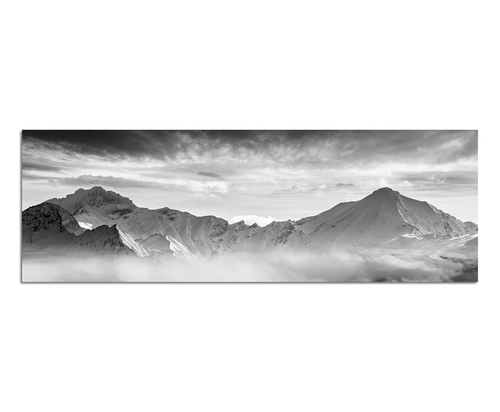 Paul Sinus Art Leinwandfoto als Panorama SCHWARZ/Weiss 150x50cm Berge Wald Schnee Nebel Abend