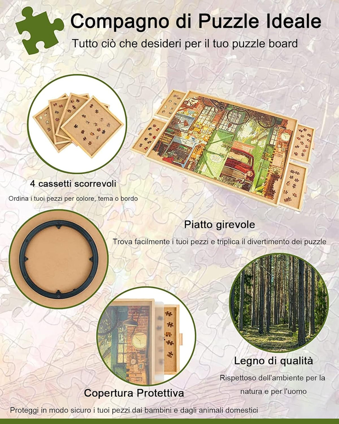1500 Stück Drehbares Puzzlebrett mit Schubladen und Abdeckung, 64 x 87 cm Tragbarer Holz-Puzzletisch