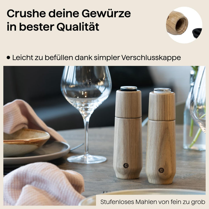 Crushgrind Champagne Gewürzmühle Set aus Eiche mit Keramikmahlwerk | 2x Salz und Pfeffermühle mit ve