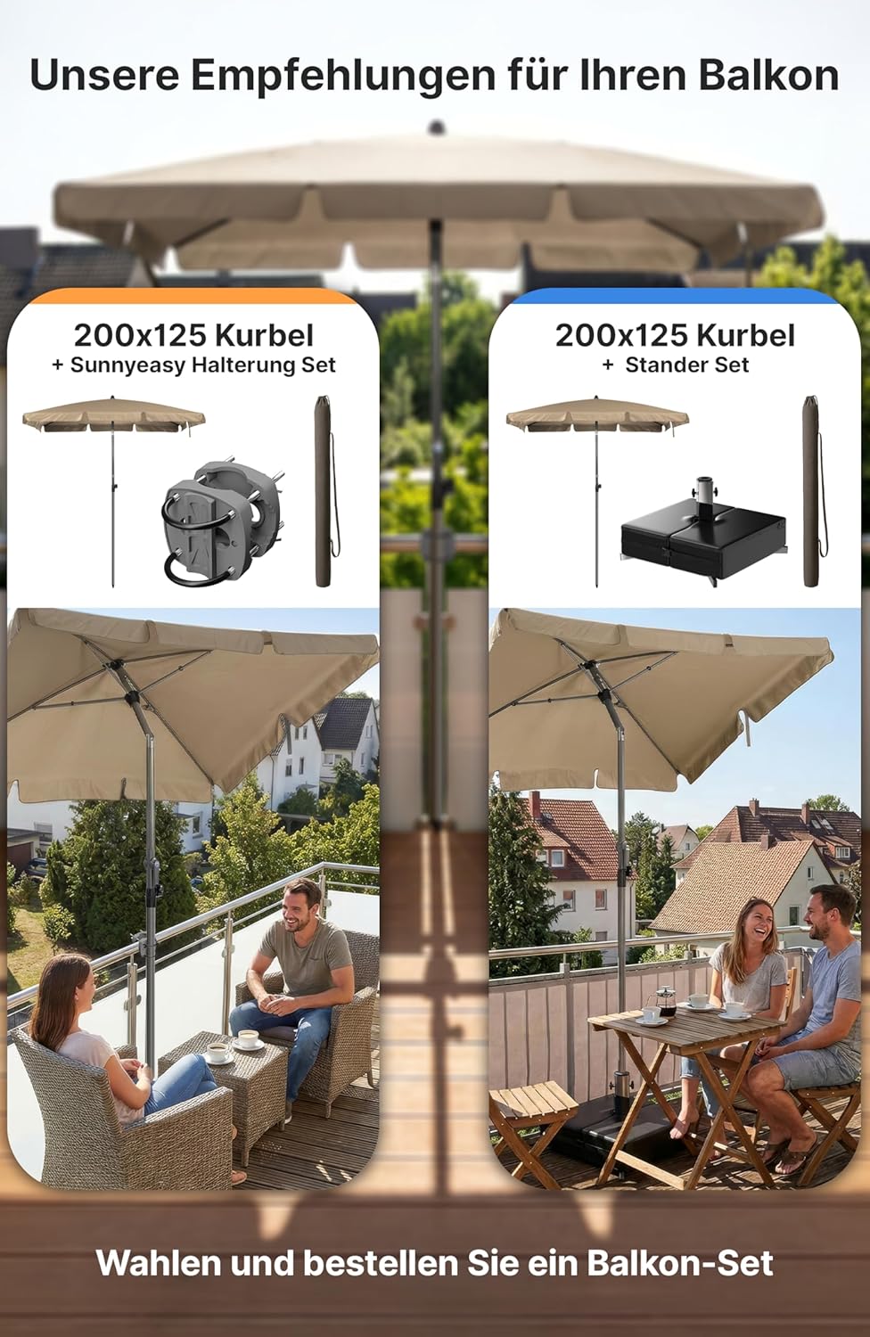 4smile Sonnenschirm Balkon mit Kurbel 200 × 125 cm, Taupe | Sonnenschirm rechteckig, Sonnenschutz Ba