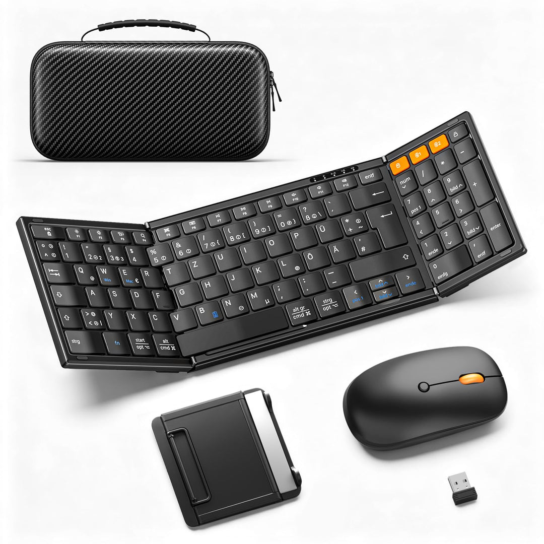 MoKo Faltbare Bluetooth Tastatur mit Maus, QWERTZ Deutsches Layout, Kabellose 2.4G + Dual Bluetooth