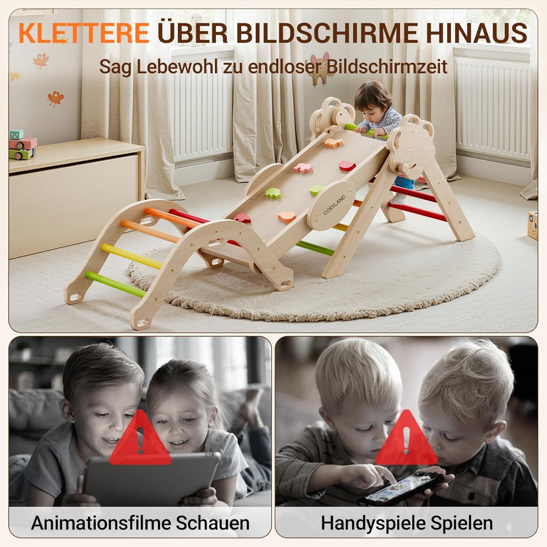 COSYLAND 8-in-1 Montessori Klettergerüst Indoor ab 1 Jahr – Kletterdreieck mit Rutsche, Kletterbogen