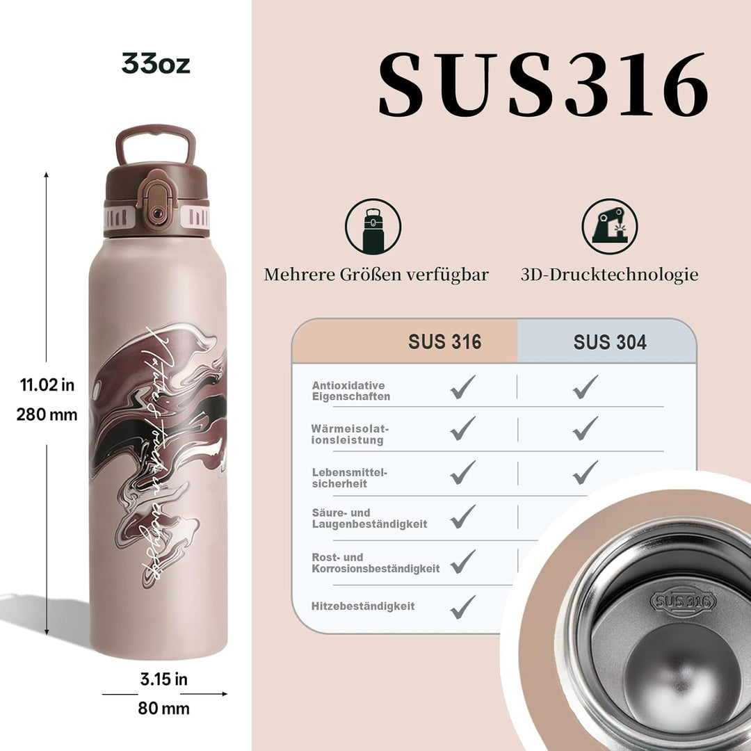 UZSPACE Edelstahl Trinkflasche 1l (970ml), Isolierte Thermosflasche mit 1-Klick-Öffnung, 100% Auslau
