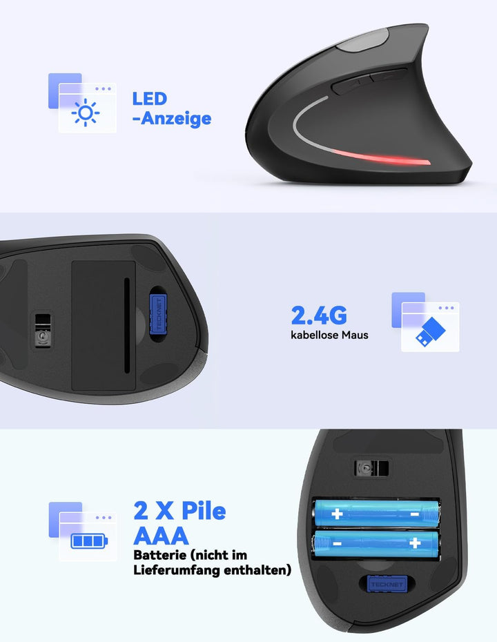 TECKNET Wireless Vertikale Ergonomische Maus, 4800 DPI 6 Tasten Kabellose Optische Maus, 2.4G USB Ve