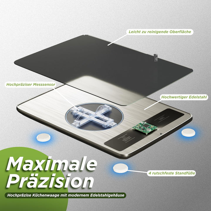 LUNARIA Digitale Küchenwaage 15 kg [PREMIUM] – hochpräzise Lebensmittelwaage aus Edelstahl/Kunststof