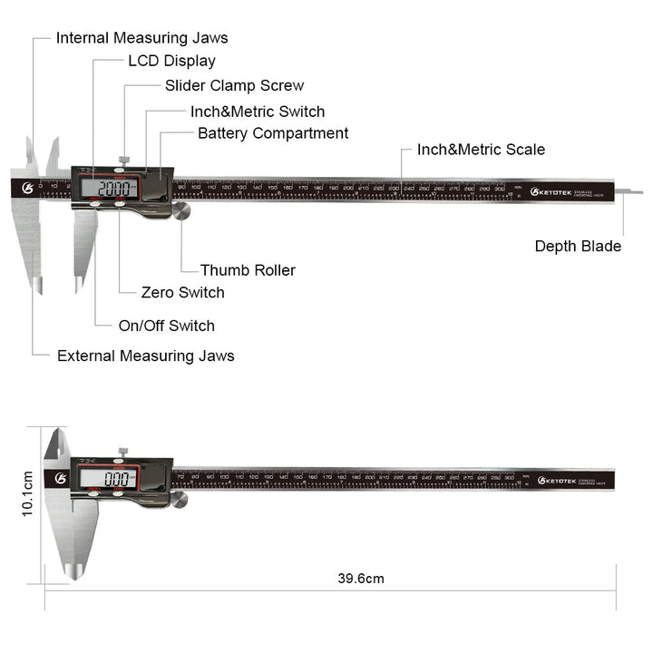 KETOTEK Digitale Messschieber, 300mm Schieblehre aus Edelstahl IP54 Spritzwasserdicht, Mikrometer LC