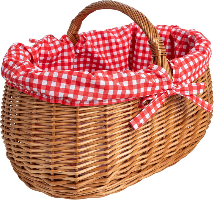 Creative Home Grosser Picknickkorb mit rot karierter Stoffeinlage | Weidenkorb mit Henkel | Einkaufs