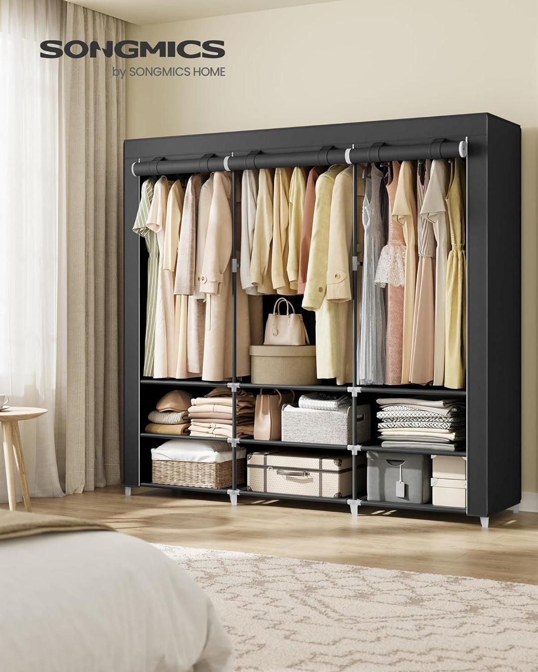 SONGMICS Stoffschrank, Kleiderschrank, 45 x 188 x 176 cm, 3 Hängefächer, mit Ablagen, 4 Seitentasche