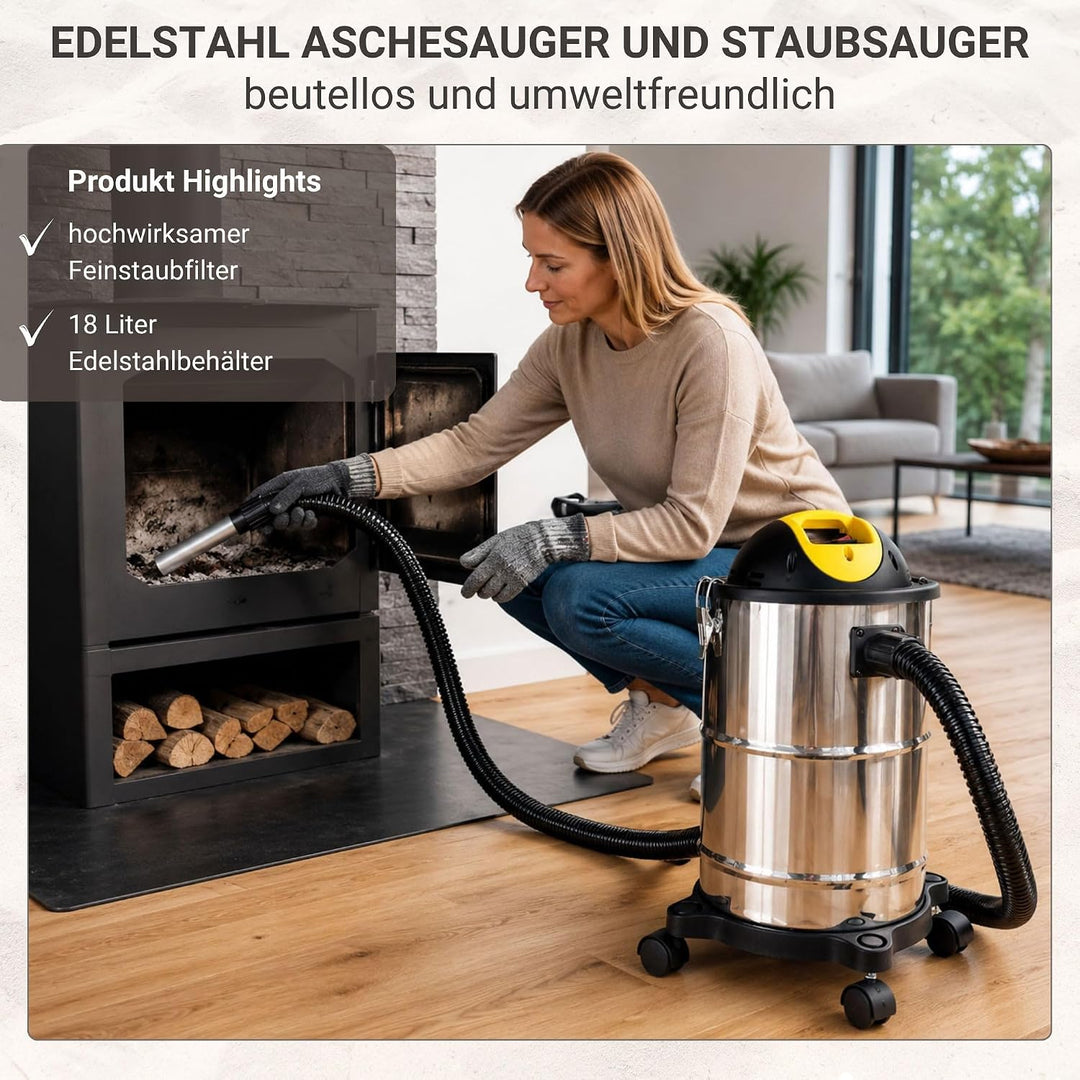 Syntrox 2 in 1 Edelstahl Aschesauger + Staubsauger Titana, Leicht und handlich, 4 Laufrollen, 1600 W