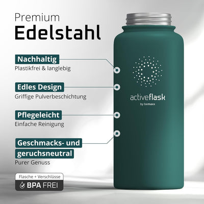 Trinkflasche Edelstahl ACTIVE FLASK + Strohhalm (3 Deckel) BPA-frei, Auslaufsicher, Kohlensäure geei